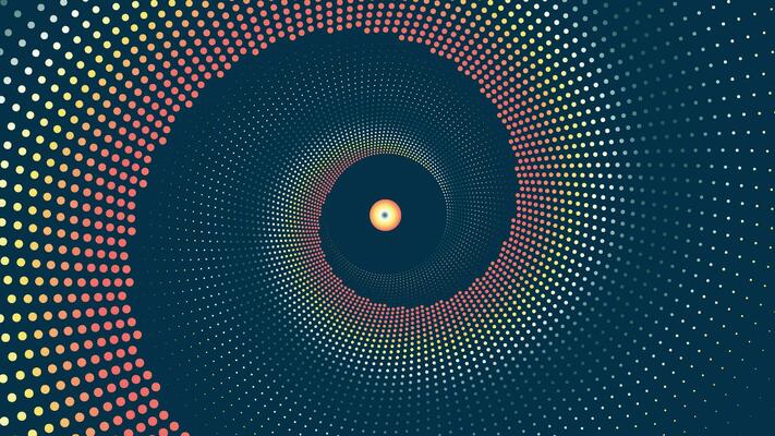 Abstract spiral dotted gradient ring in dark background.