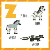 Learning English alphabet for kids. Letter z. Cute cartoon zebra zonkey zorilla. vector