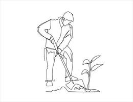 A man using a spade for planting continuous line drawing vector