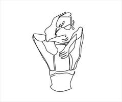 A woman using a towel on her head continuous line drawing vector