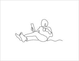 person  is sitting and playing tablet. social media concept of continuous line drawing vector