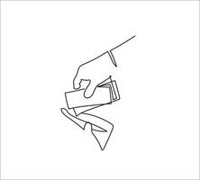 A line drawing hand taking money from the wallet. Continues line drawing vector