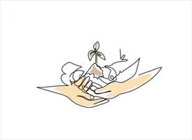 Continuous one-line drawing hand holding a plant with many roots world environment day concept vector