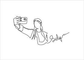 Drawing happy woman make a vlog content with smartphone social media concept continuous line drawing vector