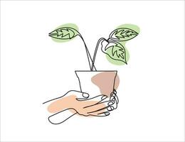 Continuous one-line drawing hand holding a plant with many roots world environment day concept vector