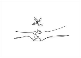 Continuous one-line drawing hand holding a plant with many roots world environment day concept vector