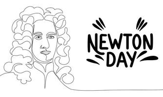 Issac Newton one line continuous banner. Line art portrait of Issac Newton with text Newton day. Issac Newton day banner. Hand drawn vector art