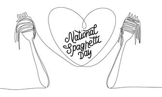 One line continuous banner with forks and spaghetti as heart. Text banner for National Spaghetti Day. Hand drawn vector art