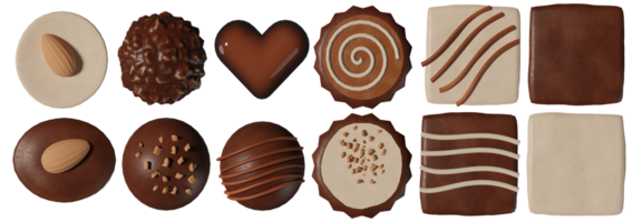 3D rendering illustration, top view, collection of chocolates of different shapes and flavors on transparent background png