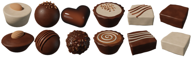 3D rendering illustration, oblique view, collection of chocolates of different shapes and flavors on transparent background png