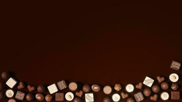 3D rendering illustration, top view, many chocolates spread on a brown background photo