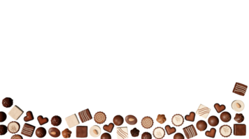 3D rendering illustration, top view, many chocolates spread on transparent background png