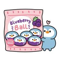 Cute sweet dessert in penguin face shape.Blueberry flavor.Ball.Bird animal character cartoon design.Image for card,poster,baby clothing,T-shirt print screen.Kawaii.Vector.Illustration vector
