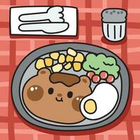 Cute steak teddy bear shape face with fried egg on tablecloth.Meal.Food.Wild animal character cartoon design.Kawaii.Vector.Illustration. vector