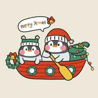 Cute penguin wear santa claus stay on boat with gift bag in merry christmas concept.Animal character cartoon design.New year festival.Winter.Kawaii.Vector.Illustration. vector