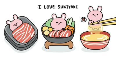 Set of cute rabbit in sukiyaki japanese food concept.Rodent animal character cartoon design.Bunny.Meat.Raw fresh egg.Vegetable.Asian meal.Kawaii.Vector.Illustration. vector