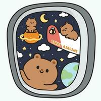 Airplane wing from window.Sky space galaxy view on seat side windows plane.Teddy airline.Cute bear cartoon character design.Wild animal.Travel.Moon,planet,cloud,earth.Kawaii.Vector.Illustration. vector