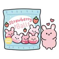 Cute sweet dessert in rabbit face shape.Strawberry flavor.Strawberry ball.Rodent animal character cartoon design.Image for card,poster,baby clothing,T-shirt print screen.Kawaii.Vector.Illustration vector