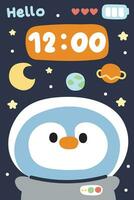 linda pingüino con planeta en espacio fondo.teléfono pantalla fondo de pantalla.pájaro animal personaje dibujos animados vector