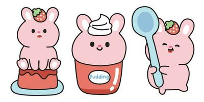 Set of cute rabbit in strawberry pudding concept.Sweet and dessert.Rodent animal character cartoon design collection.Bunny.Kawaii.Vector.Illustration. vector