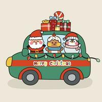 autobús con regalo caja mano dibujado en Navidad concepto.nuevo año festival.lindo Papa Noel claus, pan de jengibre, pingüino dibujos animados.animal personaje diseño.niño ilustración.gráfica.kawaii.vectorial. vector