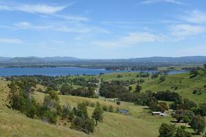 Scenic mountains view with Lake Hume from Kurrajong Gap Lookout located between Bellbridge and Bethanga, a short drive from Albury Wodonga Victoria, Australia. photo