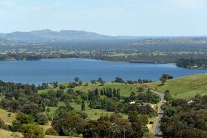 Scenic mountains view with Lake Hume from Kurrajong Gap Lookout located between Bellbridge and Bethanga, a short drive from Albury Wodonga Victoria, Australia. photo