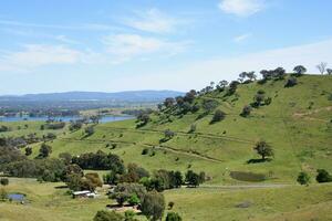 Scenic mountains view with Lake Hume from Kurrajong Gap Lookout located between Bellbridge and Bethanga, a short drive from Albury Wodonga Victoria, Australia. photo