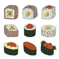 sushi dibujado a mano. platos de la cocina tradicional japonesa. conjunto de imágenes prediseñadas de comida asiática vector