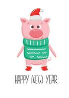 New Year card with cute pig in christmas red hat and boots. Vector