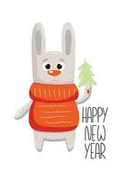 New year 2024 postcard with rabbit holding christmas tree. Vector