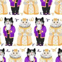 Pattern of a cat and a kitty in retro costumes for the ball. The outfits of the Queen and the messenger of the 19th century. Ballroom outfits. Animals in ball gowns on a white background are repeated vector
