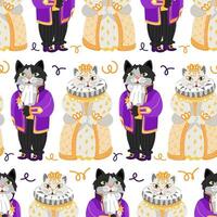 Pattern of a cat and a kitty in retro costumes for the ball. The outfits of the Queen and the messenger of the 19th century. Ballroom outfits. Animals in ball gowns on a white background are repeated vector