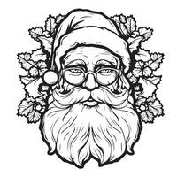 Portrait of a cute Santa in a Christmas hat . Vector black and white illustration in sketch style isolated on white background