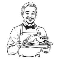 Vector illustration of a sketch of a chef ,holding the chicken in his hands