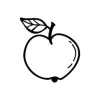 Vector single image of an apple with a leaf in doodle style. Fresh apple. Vector illustration on white isolated background.