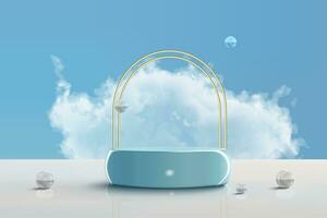 Podium stand scene for product placement with realistic cloud and glass balls vector