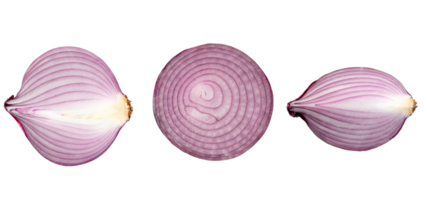 Top view of fresh red or purple onion halves with slice in set isolated with clipping path in png file format.