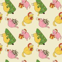 Seamless pattern with Cute cats with christmas decoration vector
