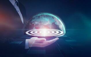 Network connection Virtual world on target board. Technology concepts, and target groups of communication network of digital business world with clear goal. Elements of this image furnished by NASA photo