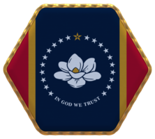 State of Mississippi Flag in Hexagon Shape with Gold Border, Bump Texture, 3D Rendering png