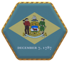 State of Delaware Flag in Hexagon Shape with Gold Border, Bump Texture, 3D Rendering png