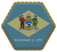 State of Delaware Flag in Hexagon Shape with Gold Border, Bump Texture, 3D Rendering png