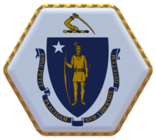 State of Massachusetts Flag in Hexagon Shape with Gold Border, Bump Texture, 3D Rendering png