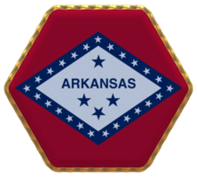 estado de Arkansas bandera en hexágono forma con oro borde, bache textura, 3d representación png