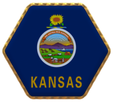 State of Kansas Flag in Hexagon Shape with Gold Border, Bump Texture, 3D Rendering png