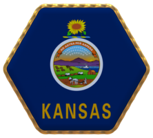 State of Kansas Flag in Hexagon Shape with Gold Border, Bump Texture, 3D Rendering png