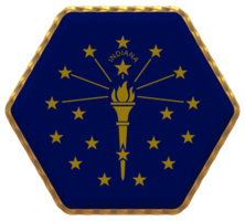 Etat de Indiana drapeau dans hexagone forme avec or frontière, bosse texture, 3d le rendu png