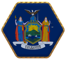 estado de nuevo York bandera en hexágono forma con oro borde, bache textura, 3d representación png