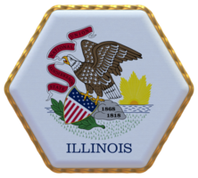 State of Illinois Flag in Hexagon Shape with Gold Border, Bump Texture, 3D Rendering png
